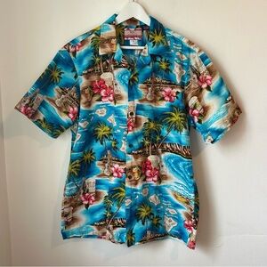 RJC Hawaiian Shirt Turquoise Islands Guitars Floral Print - Sz L